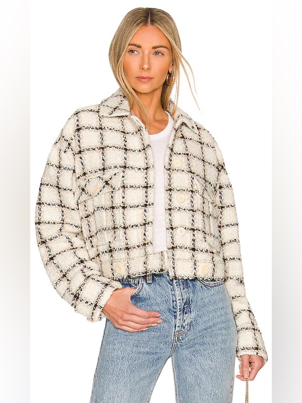 Anine Bing Cream and Black Checked Bouclé Cropped Jacket